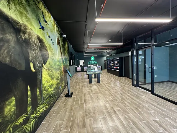 Inside the East Williamsburg store, a floor-to-ceiling elephant and jungle mural runs the length of one wall beside the display cases